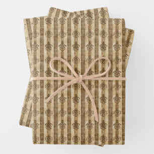 Motifs on Stripes on Brown & Beige Wrapping Paper Sheet