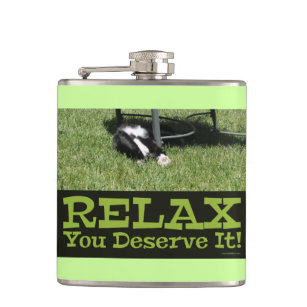 Motivating Relaxed Cat On Cool Green Grass Hip Flask