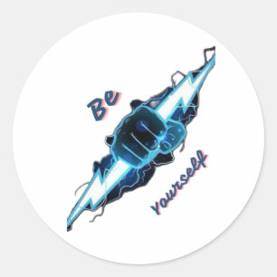 Motivational "Be Yourself" Blue Lightning Bolt Fis Classic Round Sticker