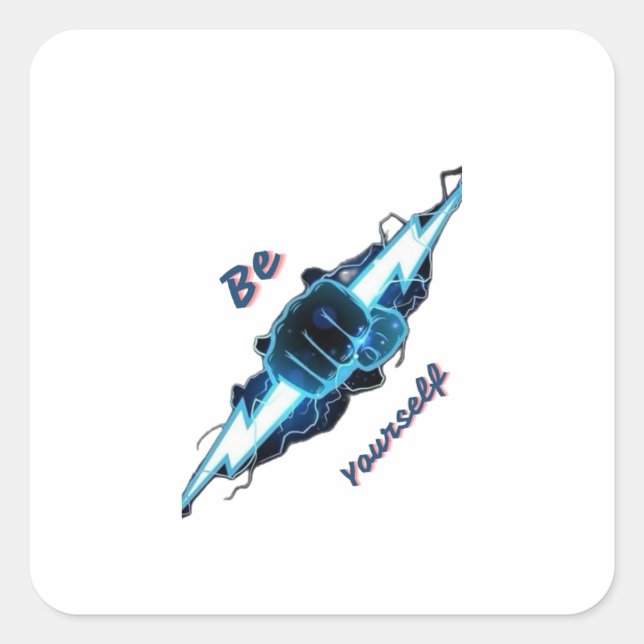 Motivational "Be Yourself" Blue Lightning Bolt Fis Square Sticker (Front)