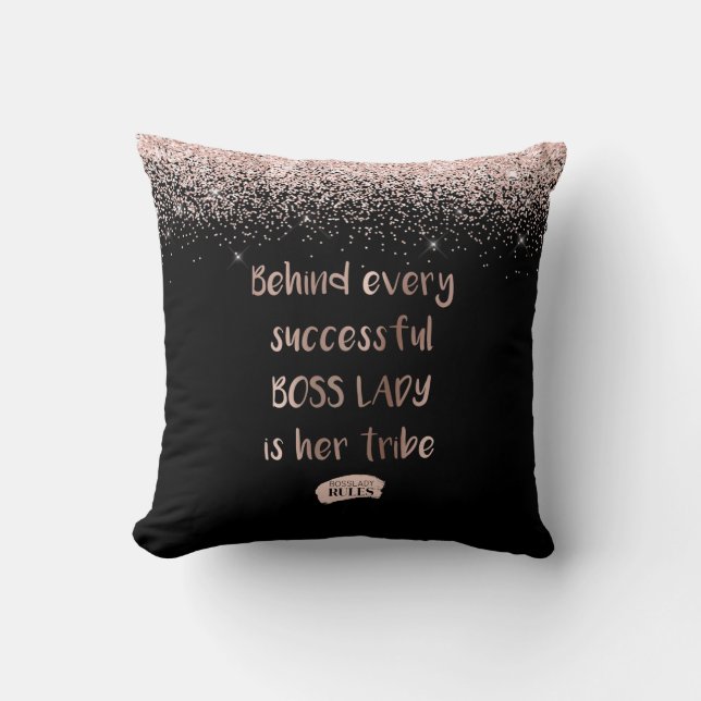 Motivational Boss Lady Rose Gold Glitter Black Cushion (Front)