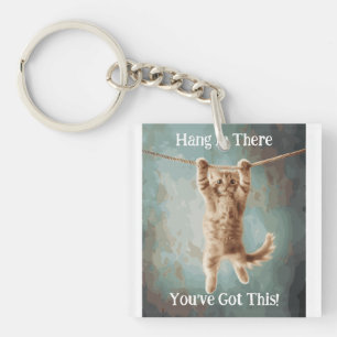 Motivational Funny Hang in There Cat Poster Key Ring