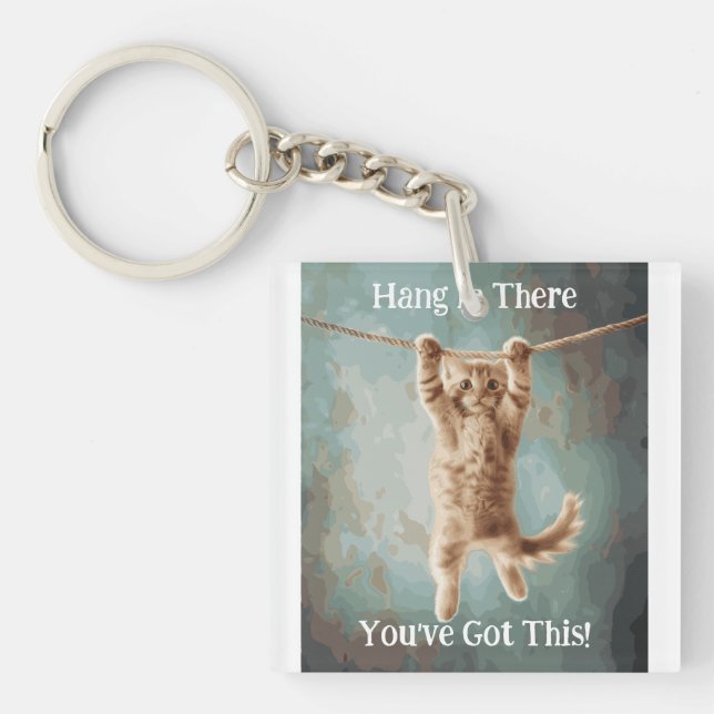 Motivational Funny Hang in There Cat Poster Key Ring (Front)
