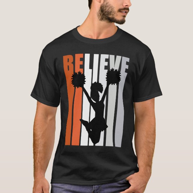 Motivational Girls Cheerleading Womens Believe Ora T-Shirt (Front)