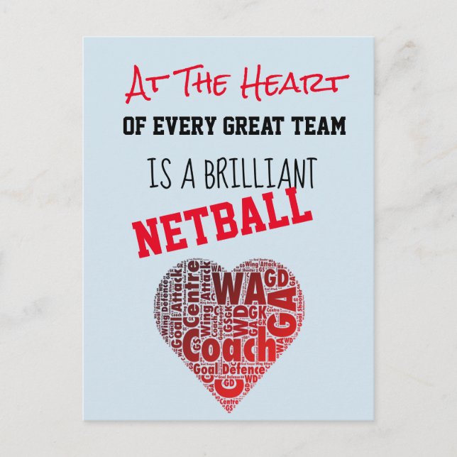 Motivational Heart Netball Coach Quote Postcard (Front)