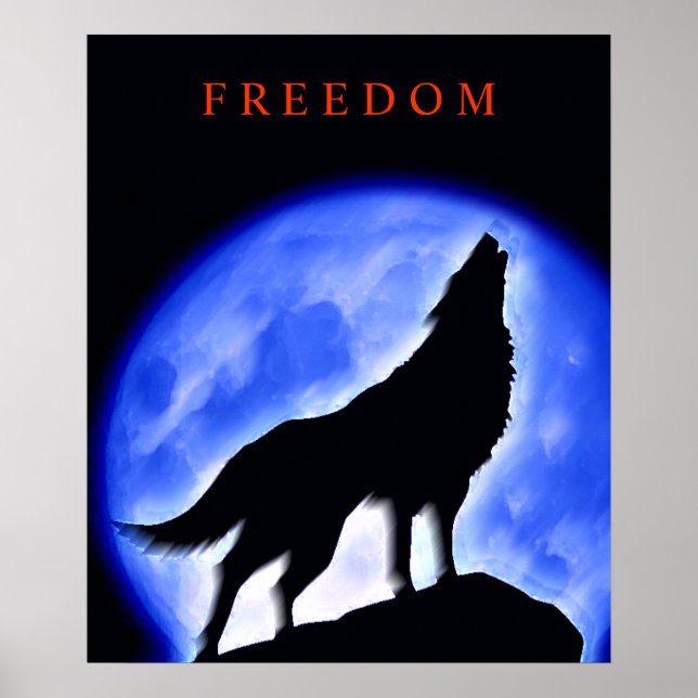 Motivational Howling Wolf & Blue Night Moon Poster (Front)