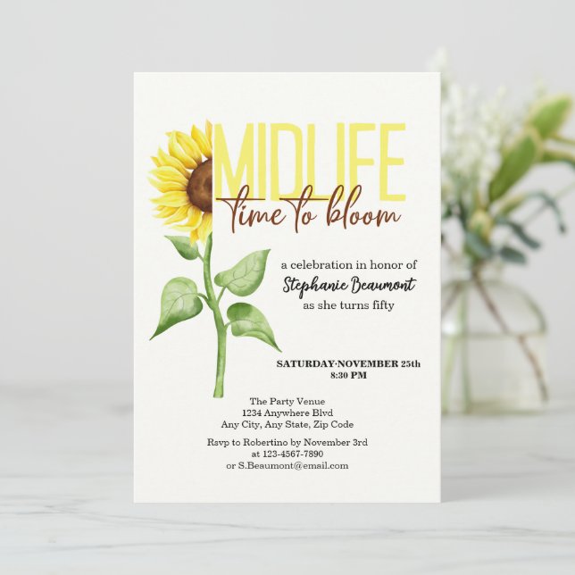 Motivational Midlife Sunflower Bloom 50th Birthday Invitation (Standing Front)