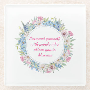 Motivational Pink White Blue Floral Wreath Glass Coaster