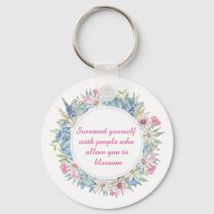 Motivational Pink White Blue Floral Wreath Key Ring
