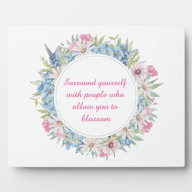 Motivational Pink White Blue Floral Wreath Plaque (Front)