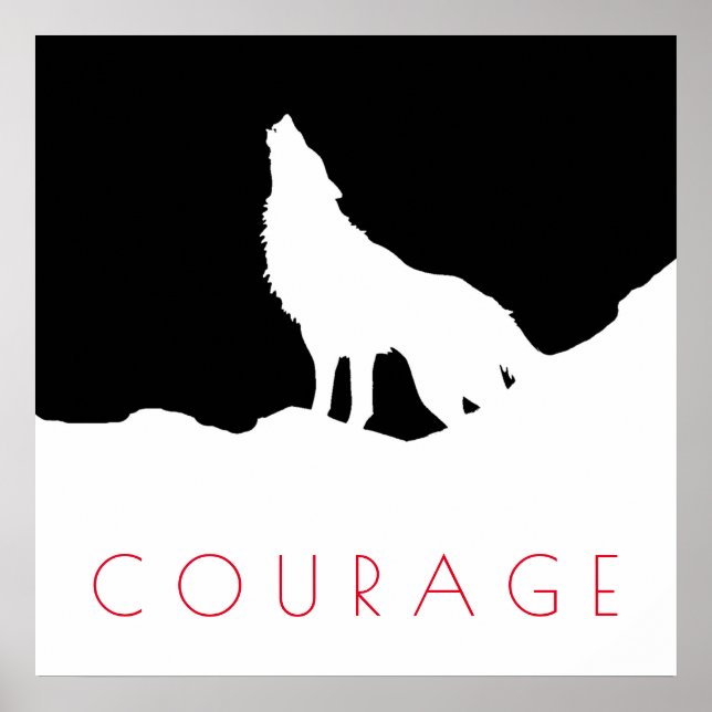 Motivational Pop Art Courage Wolf Black White Poster (Front)