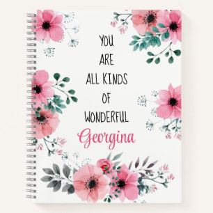 Motivational Quote Watercolor Pink Floral Custom Notebook