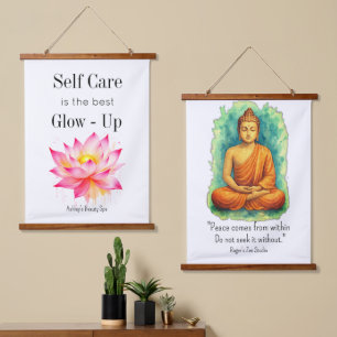 Motivational Self Care Quote Pink White Hanging Tapestry