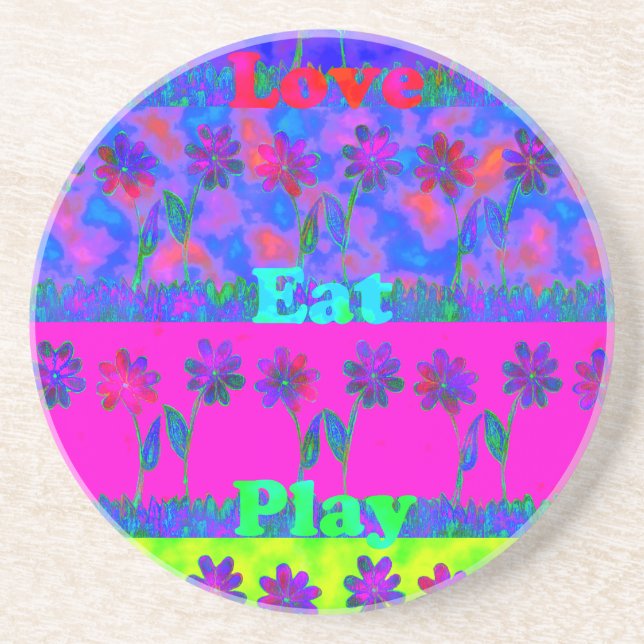 Motivational Vibrant "Eat Love & Play" Art Print Coaster (Front)