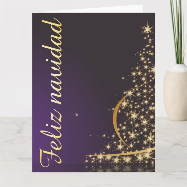 Motivo navideño morado oscuro con dorado árbol de card (Front)