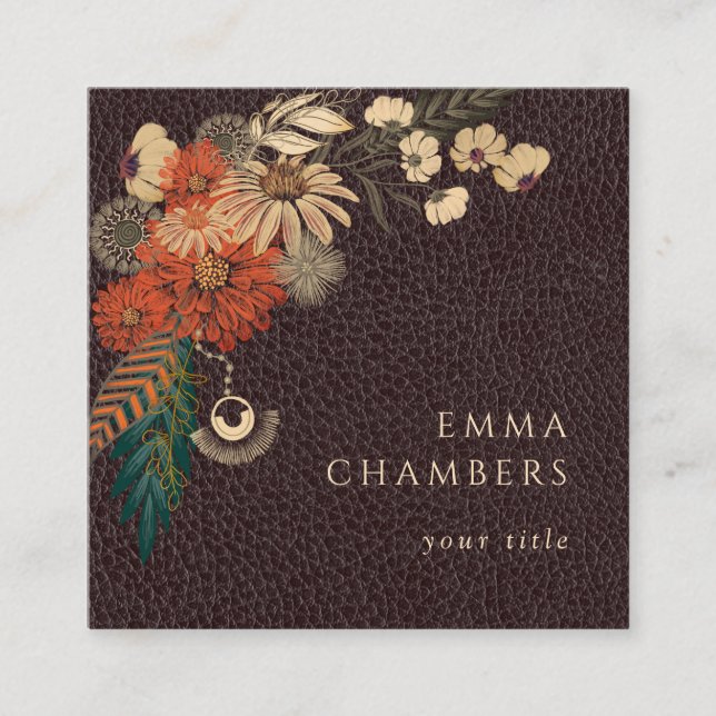 Moto Boho Floral Brown Leather Business Card (Front)