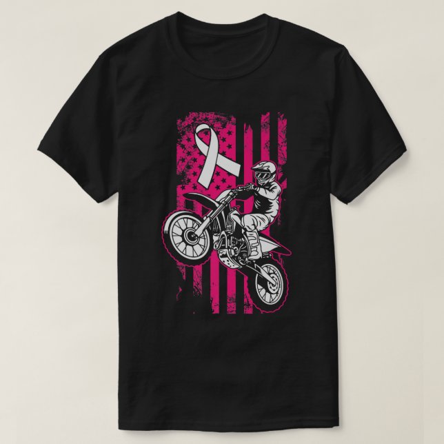 Motocross American Flag Breast Cancer Awareness Pi T-Shirt (Design Front)