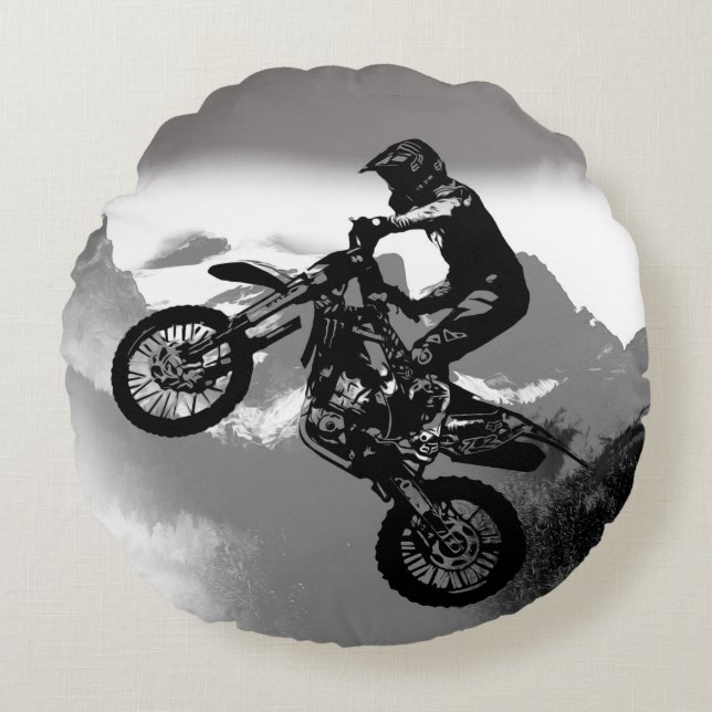 Motocross Biker - Rocky Mountains   Round Cushion (Front)