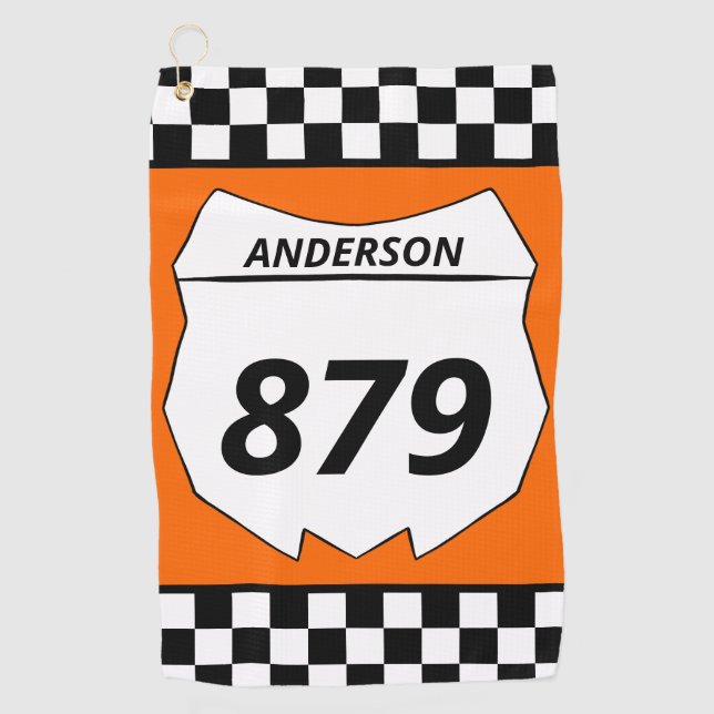 Motocross Custom Dirt Bike Number Plate on Orange Golf Towel (Front)