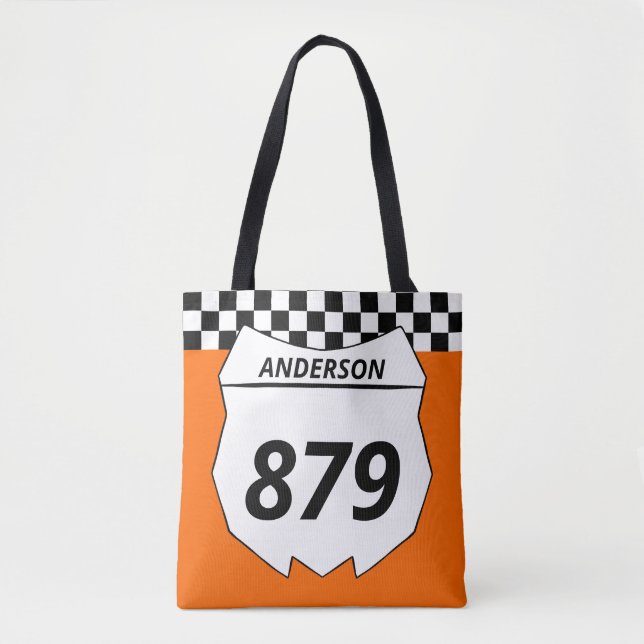 Motocross Custom Dirt Bike Number Plate on Orange Tote Bag (Front)