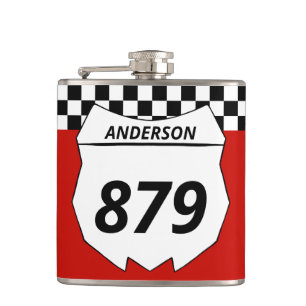 Motocross Custom Dirt Bike Number Plate on Red Hip Flask