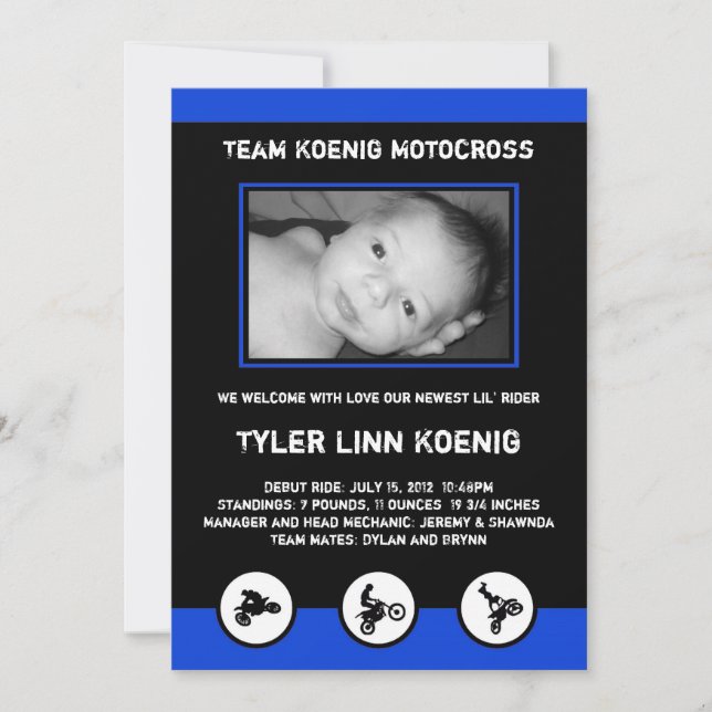Motocross Dirt Bike Birth Announcement Blue/Black (Front)