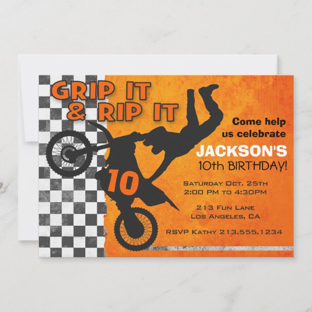 Motocross Dirt Bike Boys Birthday Party Orange Invitation (Front)