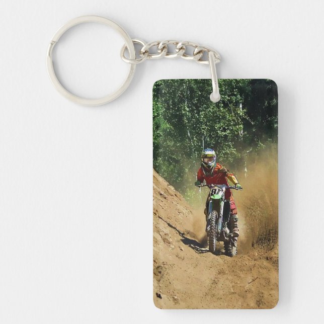 Motocross Dirt-Bike Champion Racer and Dirt Key Ring (Front)