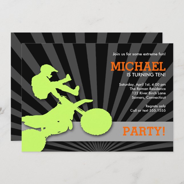 Motocross Dirtbike Invitation, Green and Orange Invitation (Front/Back)
