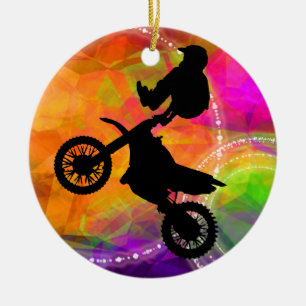 Motocross Jump in Fire Circles Ceramic Tree Decoration