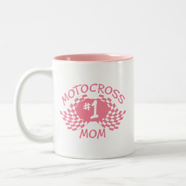 Motocross Mum Pink Racing Flags Two-Tone Coffee Mug (Left)