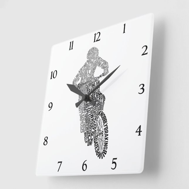 Motocross Off Road Motorcycle Word Art Square Wall Clock (Angle)