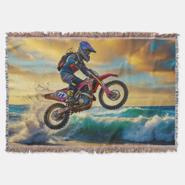 Motocross Racer at Beach Race II Throw Blanket (Front)