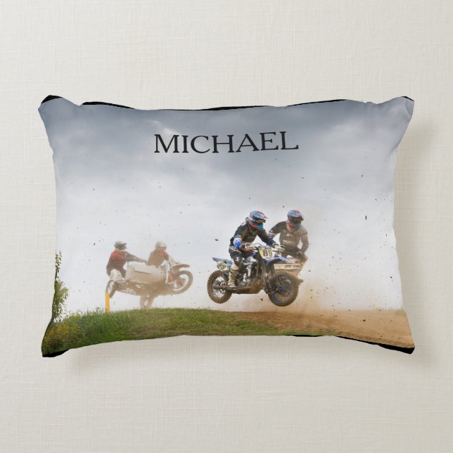 Motocross racing pillow with child's name. (Front)