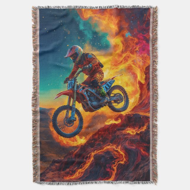 Motocross Rider Escaping Fire Throw Blanket (Front Vertical)