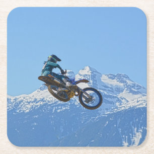 Motocross Rider Flying over Mountain Square Paper Coaster