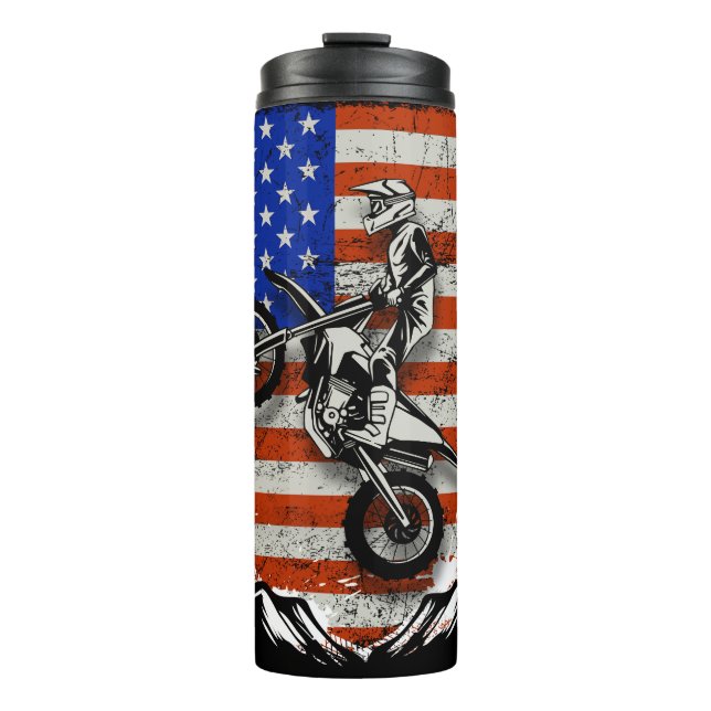 Motocross Rider Jumping Against American Flag  Thermal Tumbler (Front)