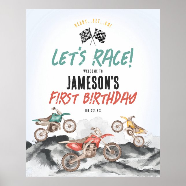 Motor Dirt Bike Boy Birthday Party Welcome Sign (Front)