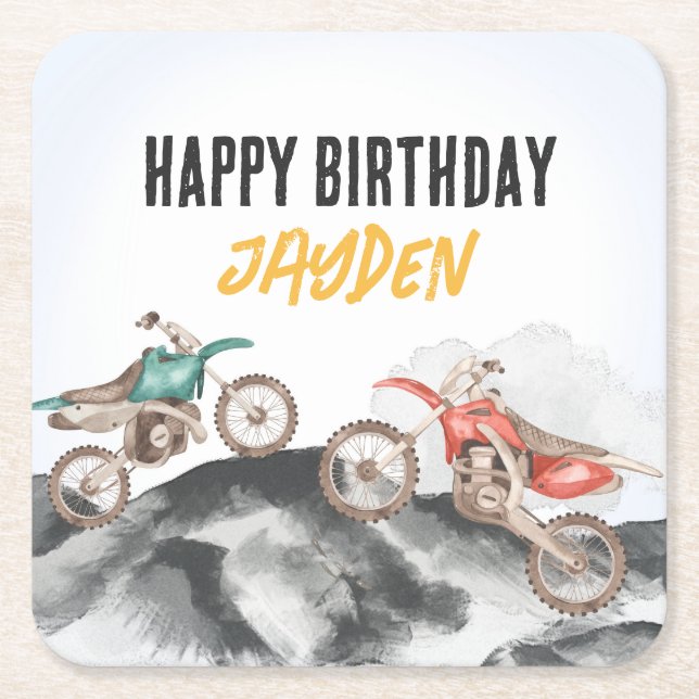 Motor Dirt Bike Fast One 1st birthday party Square Paper Coaster (Front)