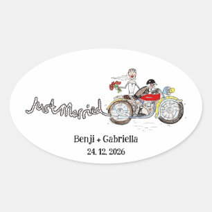 Motorbike Bride and Groom Wedding Oval Sticker