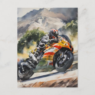 Motorbike cornering up a mountainside postcard