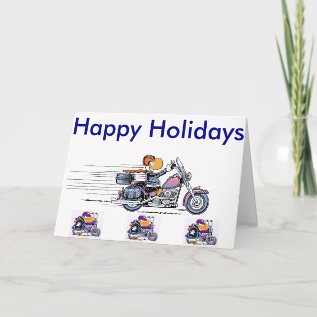 Motorbike Rider Duck Cartoon Happy Holidays Holiday Card (Front)