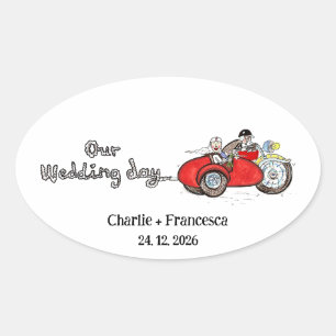 Motorbike & Sidecar Bride and Groom Wedding Oval Sticker