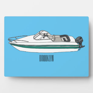 Motorboat cartoon illustration plaque