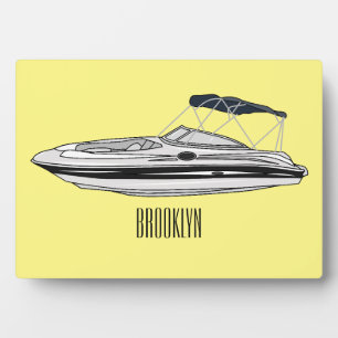 Motorboat cartoon illustration plaque