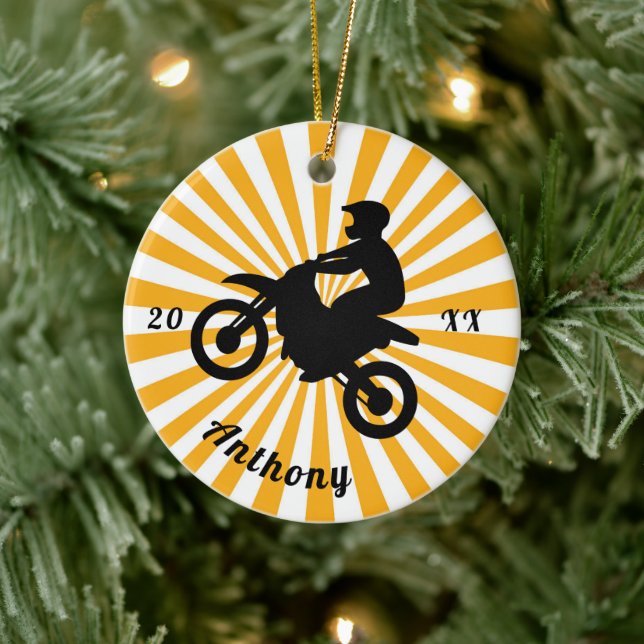 Motorcross Extreme Sport Orange Sunburst Dated Ceramic Ornament (Tree)