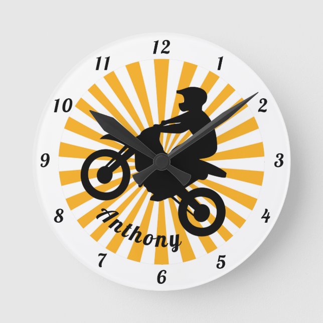 Motorcross Extreme Sport Orange Sunburst Dated   Round Clock (Front)