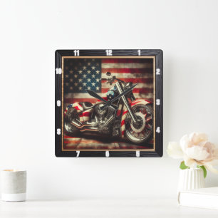 Motorcycle American Flag Patriotic  Square Wall Clock