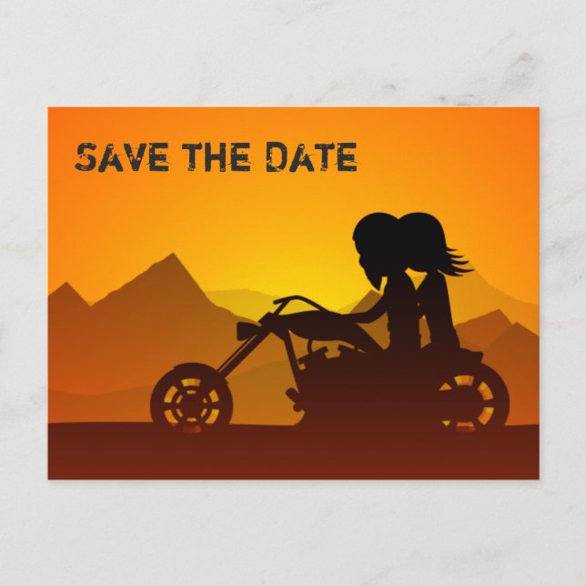 Motorcycle and Mountains Wedding Save the Date Announcement Postcard (Front)