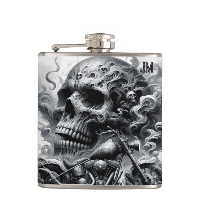 Motorcycle and Skulls Vinyl Wrapped Flask (Front)
